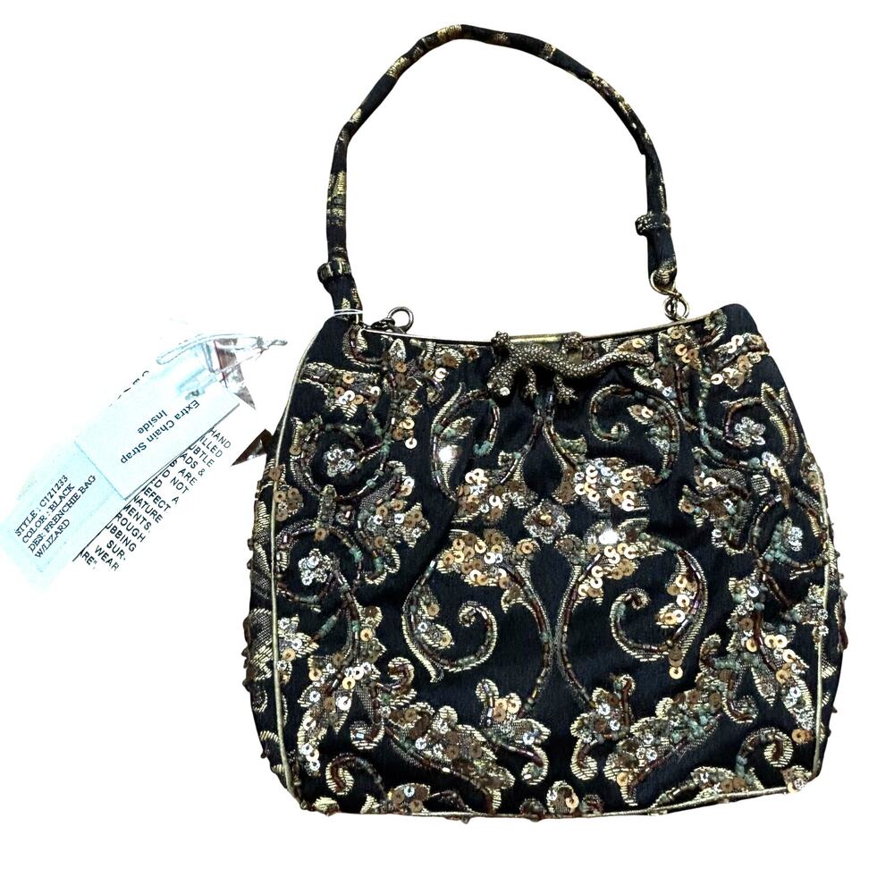 NEW Christiana evening bag beads & sequins multicolor bronze lizard clasp purse